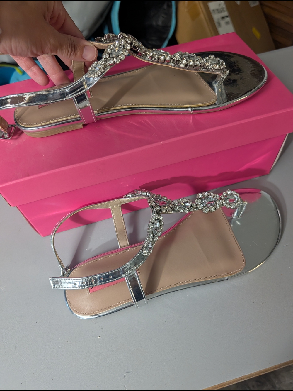 Women’s Silver Jeweled T-Strap Sandals